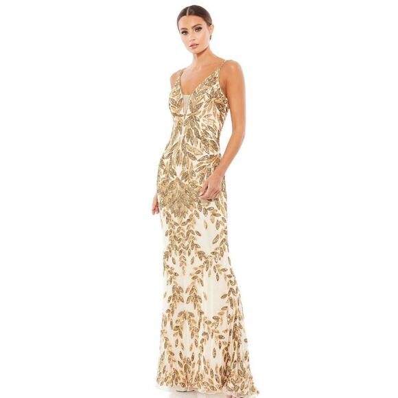 Mac Duggal Embellished Gold Leaf Long Evening Gown Nude/Gold Size 6 NWT - Picture 1 of 11